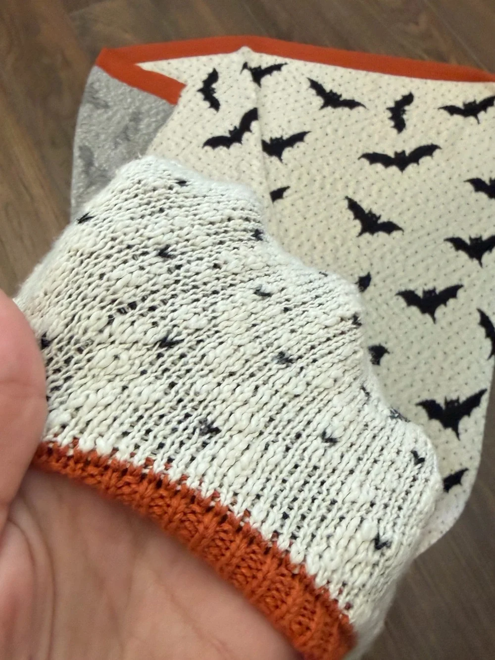 Halloween Bat Knit Throw Blanket in White, Black & Orange Trim